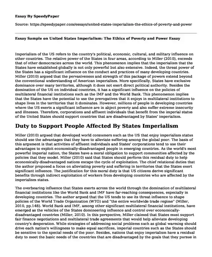 Essay Sample on United States Imperialism: The Ethics of Poverty and Power