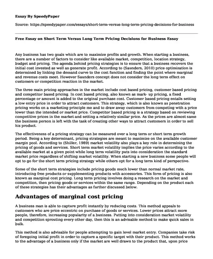 Free Essay on Short Term Versus Long Term Pricing Decisions for Business