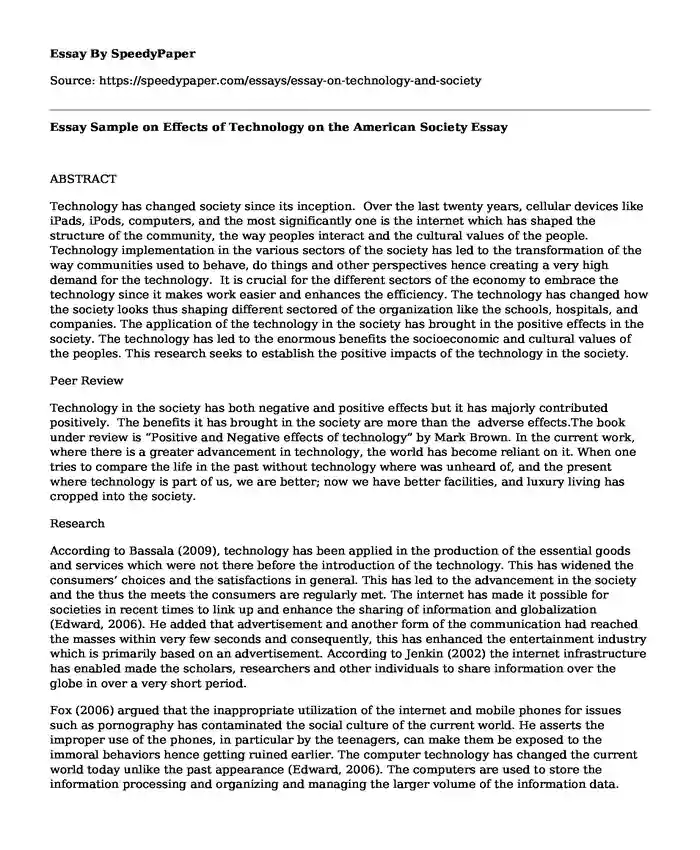 Essay Sample on Effects of Technology on the American Society