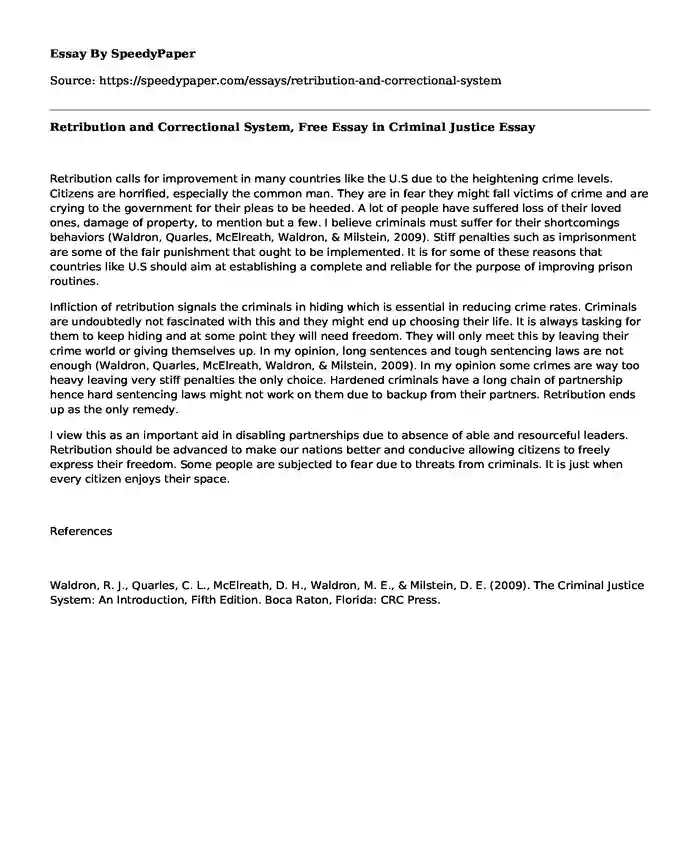 Retribution and Correctional System, Free Essay in Criminal Justice