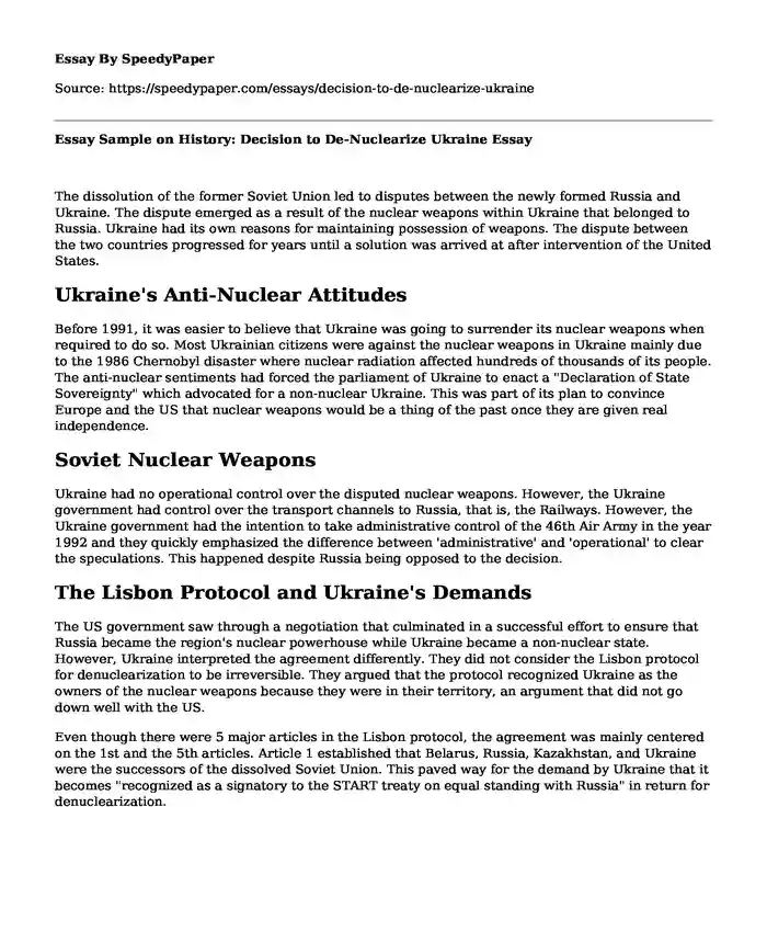 Essay Sample on History: Decision to De-Nuclearize Ukraine
