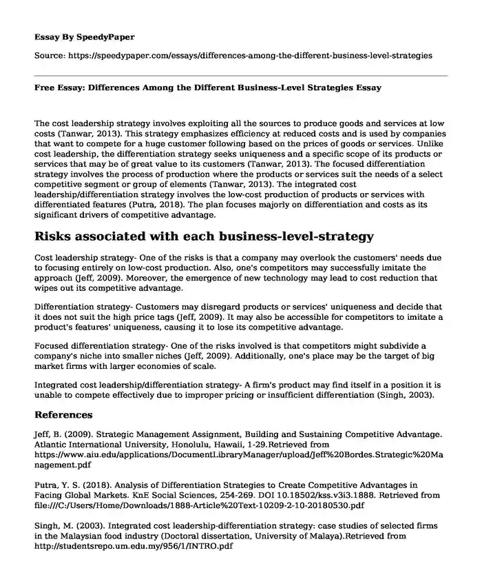 Free Essay: Differences Among the Different Business-Level Strategies