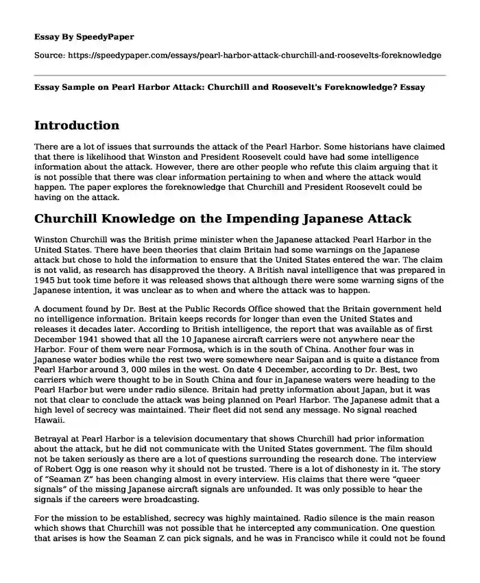 Essay Sample on Pearl Harbor Attack: Churchill and Roosevelt's Foreknowledge?