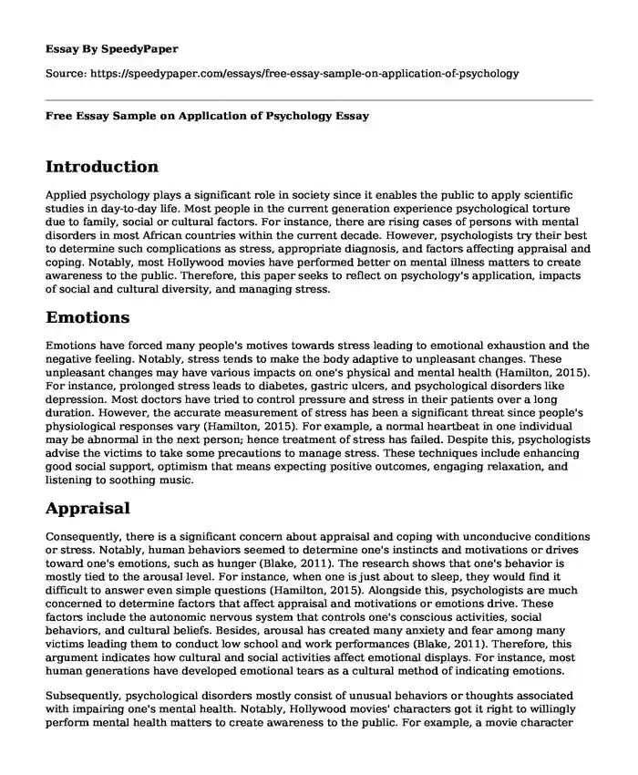 Free Essay Sample on Application of Psychology
