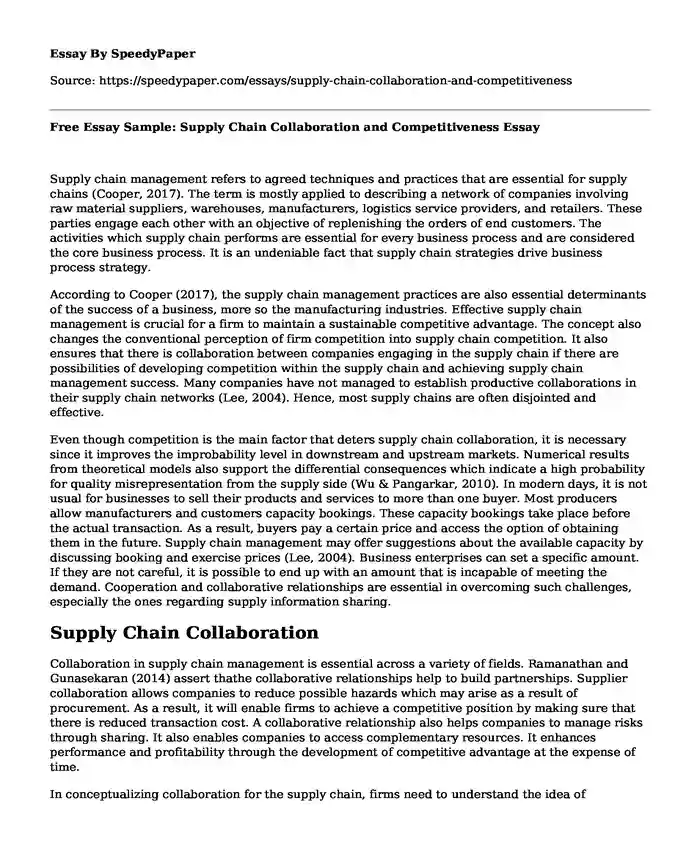 Free Essay Sample: Supply Chain Collaboration and Competitiveness