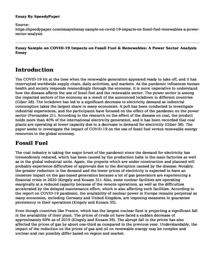 Essay Sample on COVID-19 Impacts on Fossil Fuel & Renewables: A Power Sector Analysis