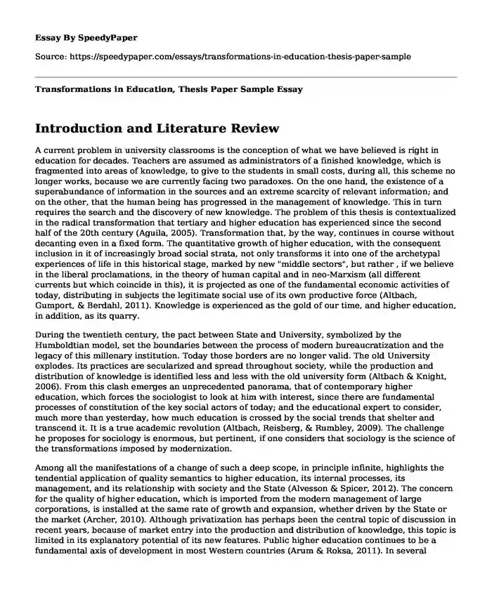 Transformations in Education, Thesis Paper Sample