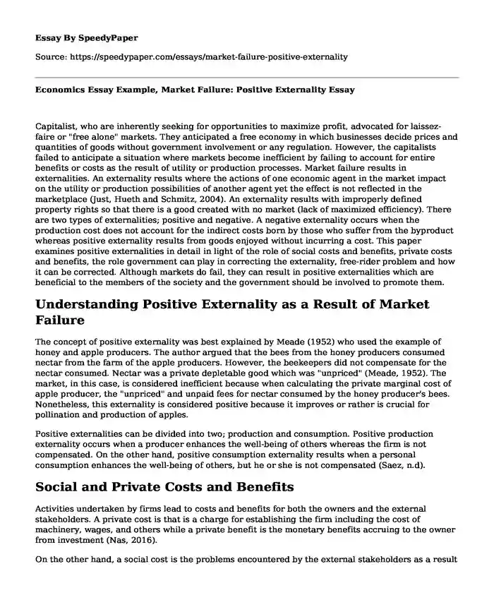 Economics Essay Example, Market Failure: Positive Externality