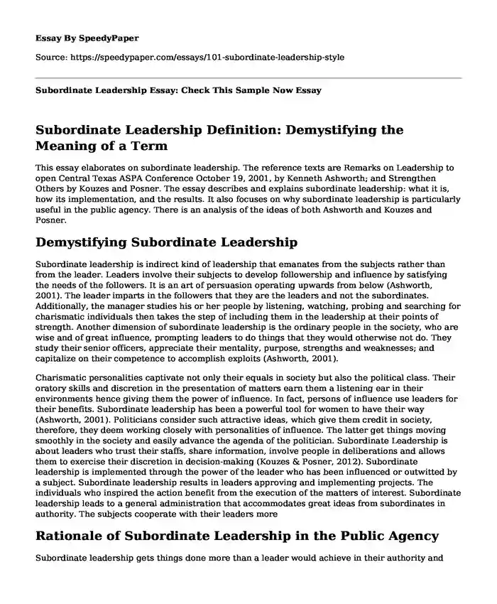 Subordinate Leadership Essay: Check This Sample Now 