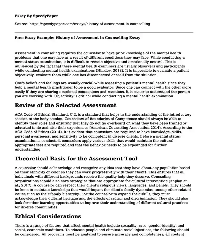Free Essay Example: History of Assessment in Counselling