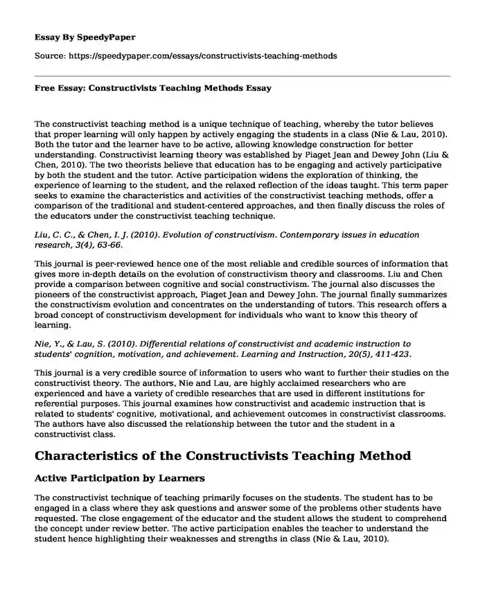 Free Essay: Constructivists Teaching Methods