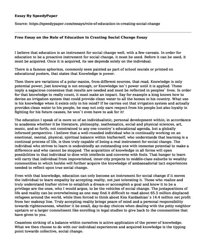Free Essay on the Role of Education in Creating Social Change