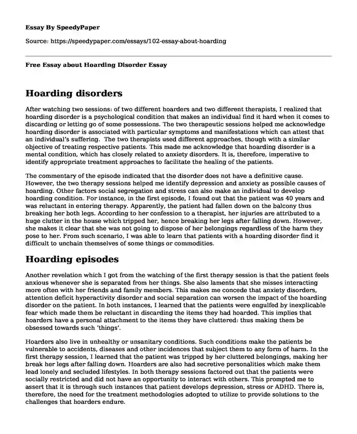Free Essay about Hoarding Disorder