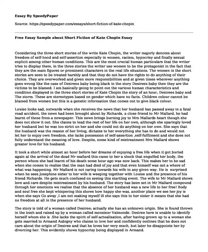 Free Essay Sample about Short Fiction of Kate Chopin