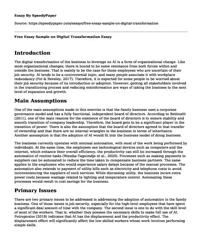 Free Essay Sample on Digital Transformation
