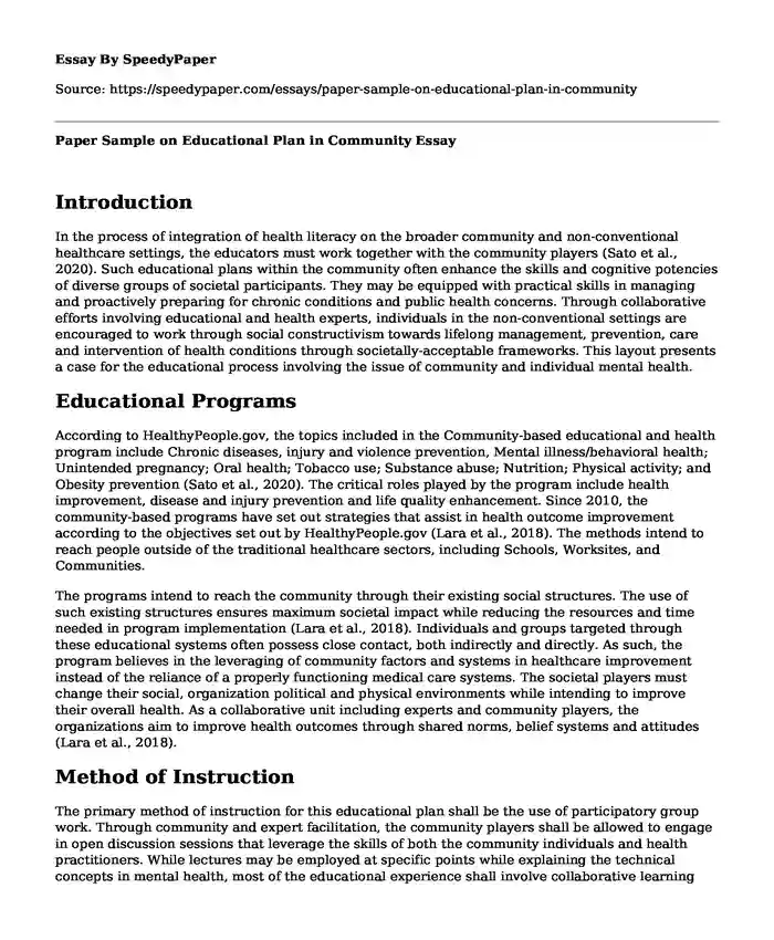 Paper Sample on Educational Plan in Community 