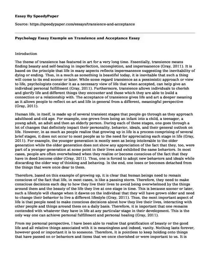 Psychology Essay Example on Transience and Acceptance