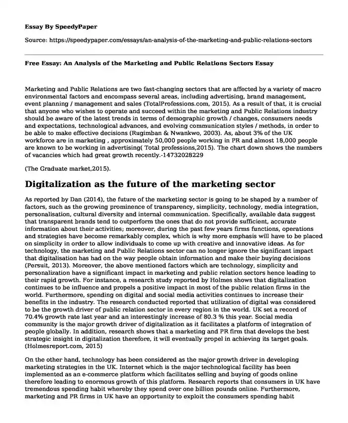 Free Essay: An Analysis of the Marketing and Public Relations Sectors