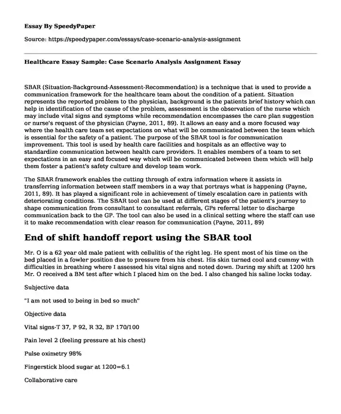 Healthcare Essay Sample: Case Scenario Analysis Assignment