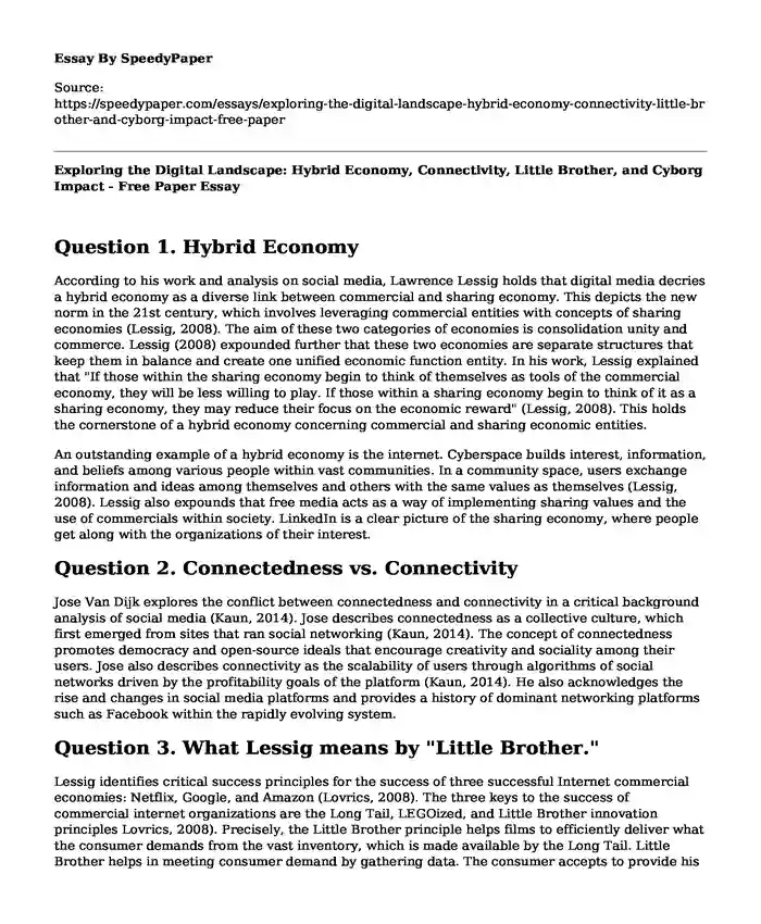 Exploring the Digital Landscape: Hybrid Economy, Connectivity, Little Brother, and Cyborg Impact - Free Paper