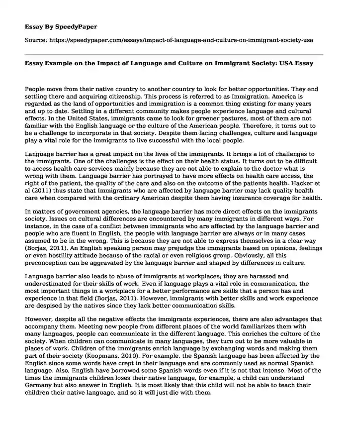 Essay Example on the Impact of Language and Culture on Immigrant Society: USA