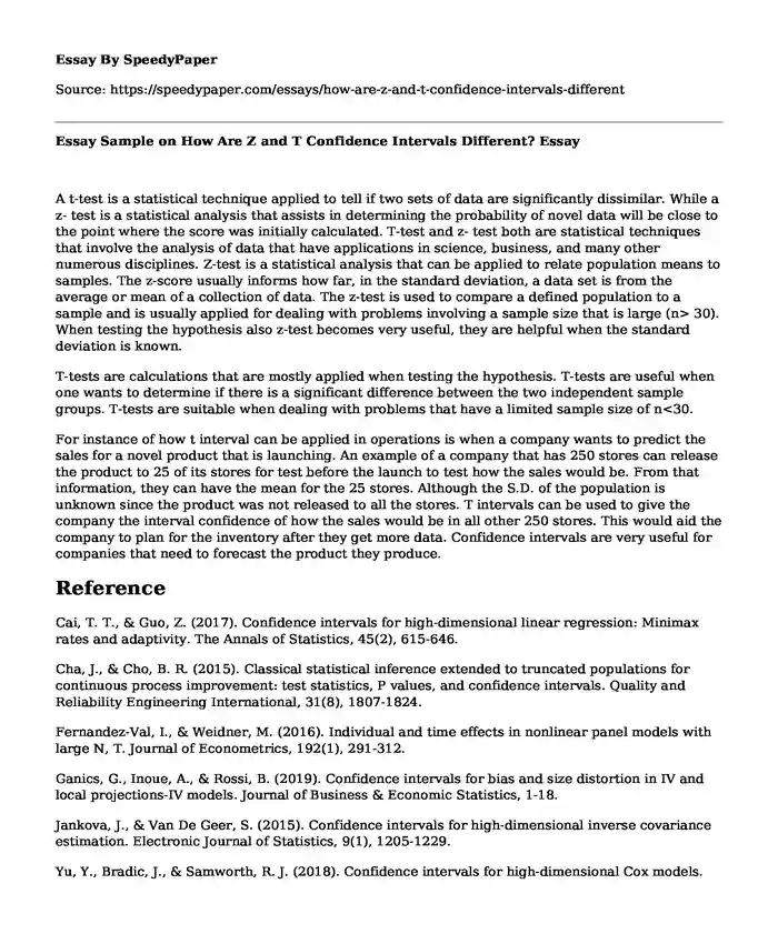 Essay Sample on How Are Z and T Confidence Intervals Different?