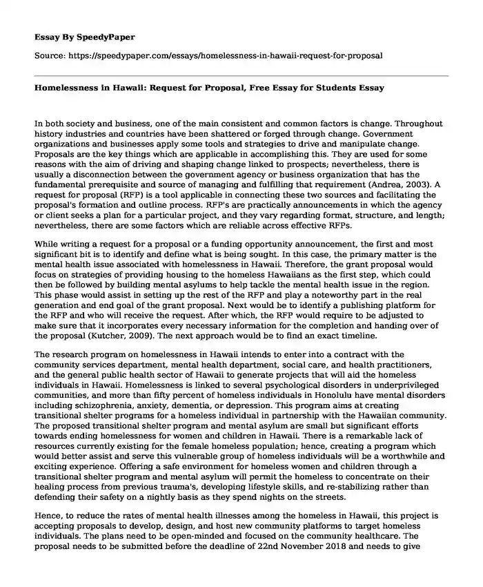 Homelessness in Hawaii: Request for Proposal, Free Essay for Students