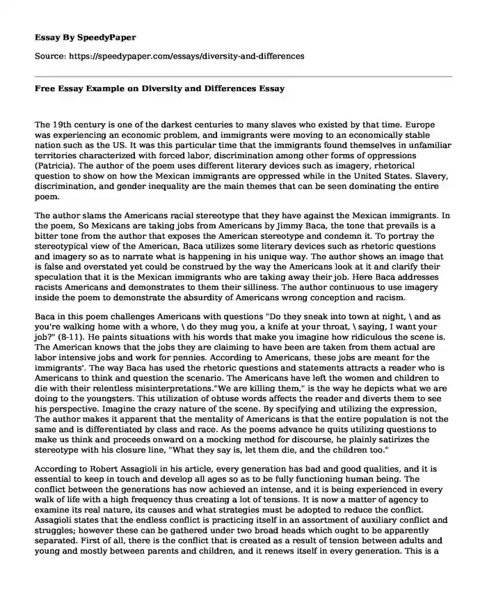 Free Essay Example on Diversity and Differences