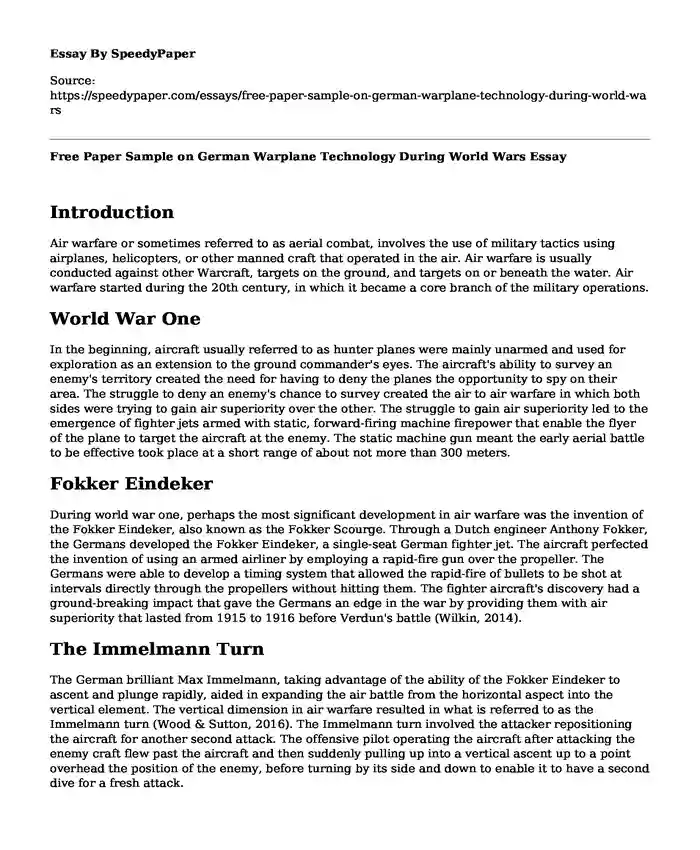 Free Paper Sample on German Warplane Technology During World Wars