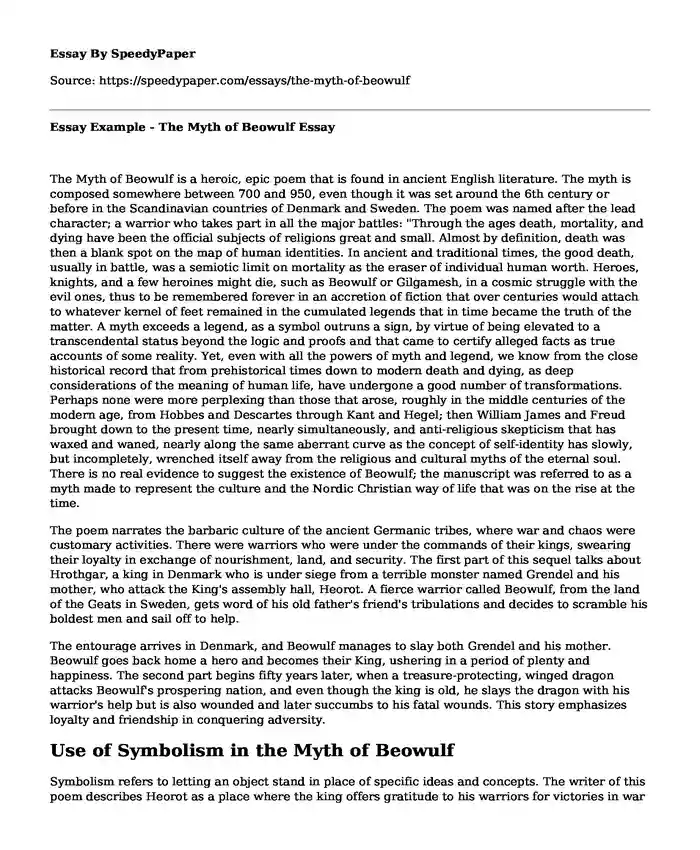 Essay Example - The Myth of Beowulf