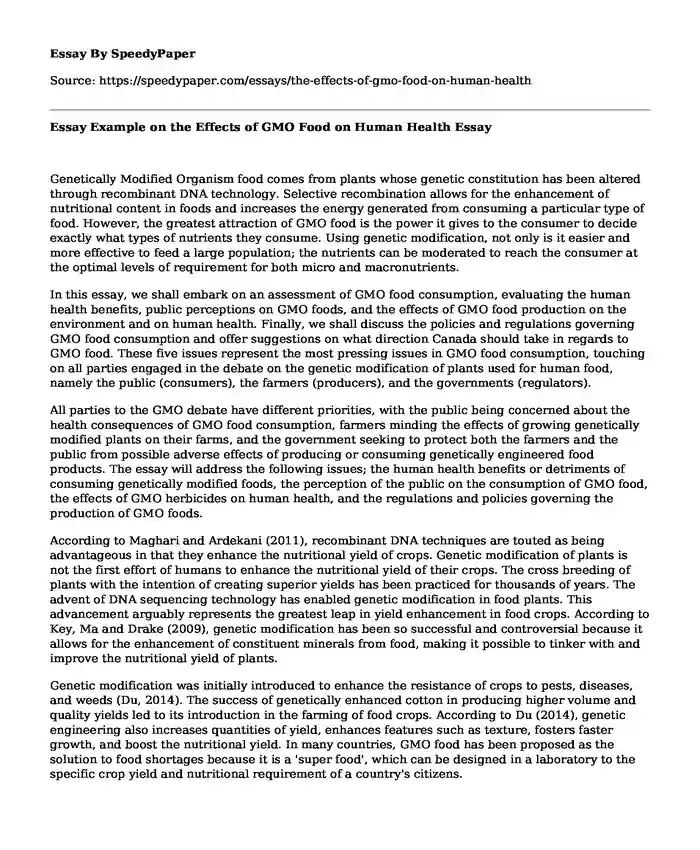 Essay Example on the Effects of GMO Food on Human Health