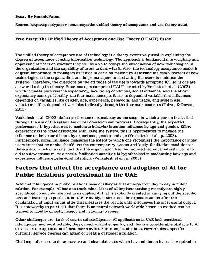 Free Essay: The Unified Theory of Acceptance and Use Theory (UTAUT)