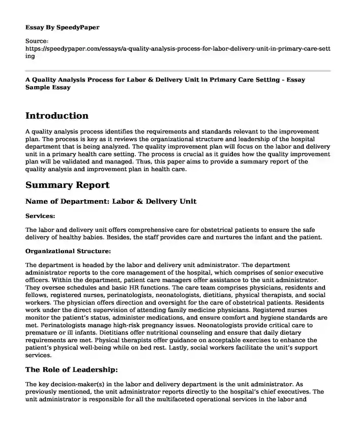 A Quality Analysis Process for Labor & Delivery Unit in Primary Care Setting - Essay Sample