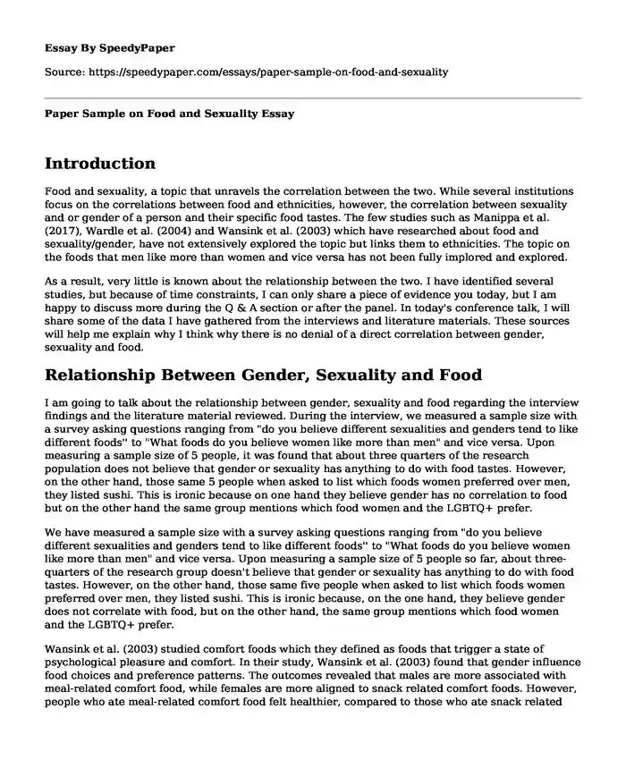 Paper Sample on Food and Sexuality