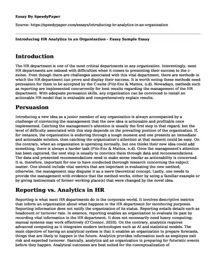 Introducing HR Analytics in an Organization - Essay Sample