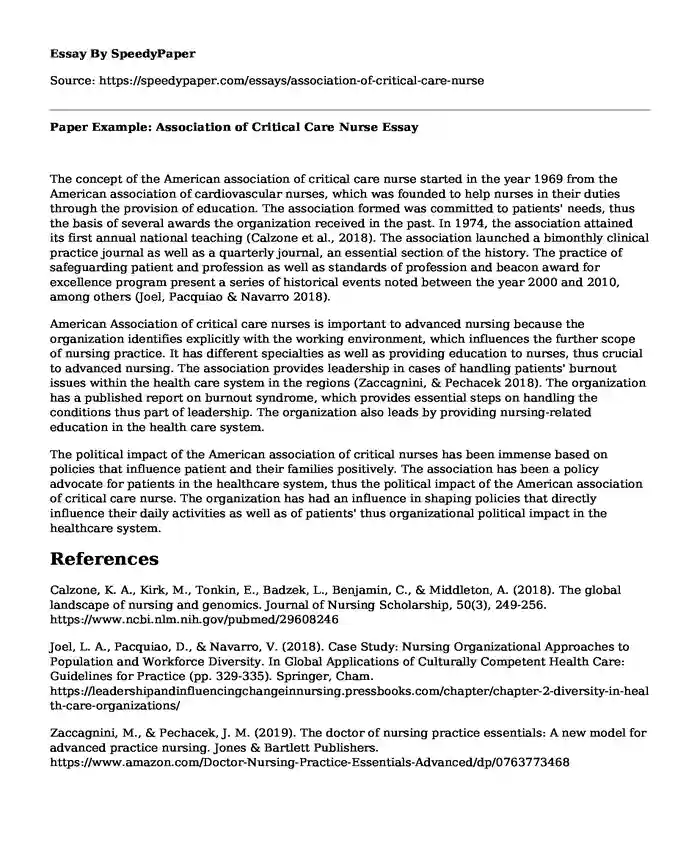 Paper Example: Association of Critical Care Nurse