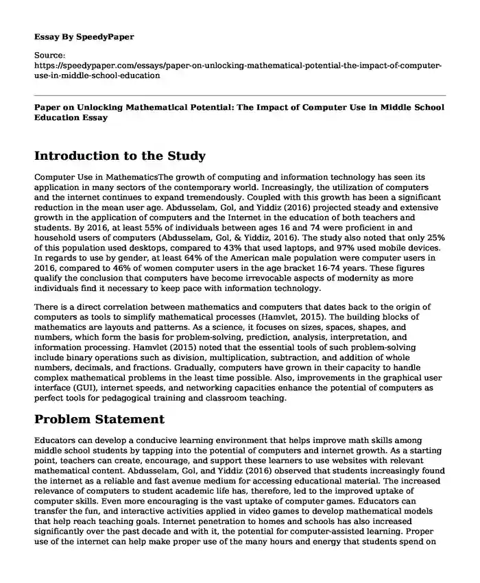 Paper on Unlocking Mathematical Potential: The Impact of Computer Use in Middle School Education