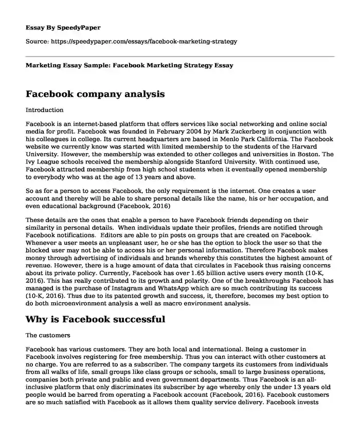 Marketing Essay Sample: Facebook Marketing Strategy