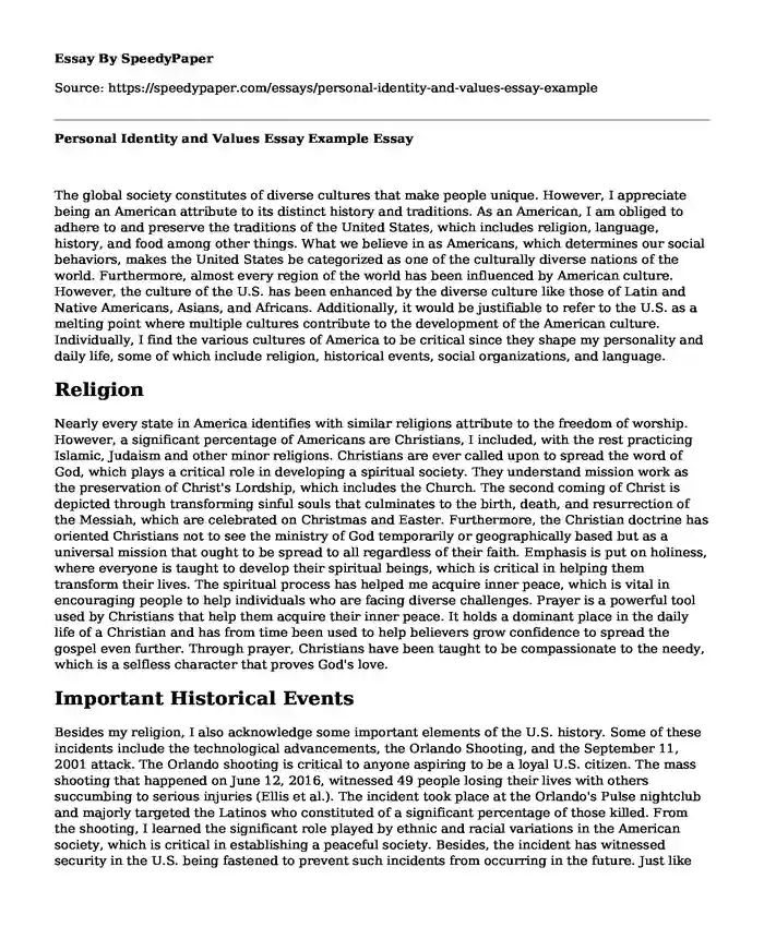 Personal Identity and Values Essay Example