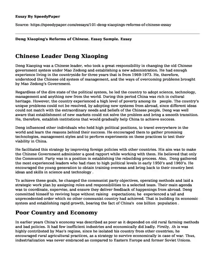 Deng Xiaoping's Reforms of Chinese. Essay Sample.