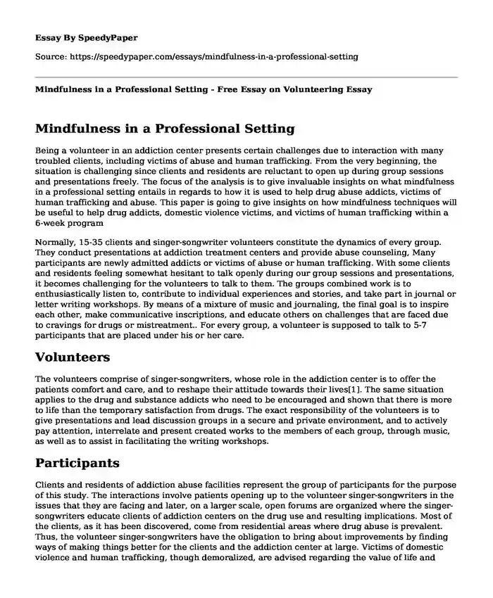 Mindfulness in a Professional Setting - Free Essay on Volunteering