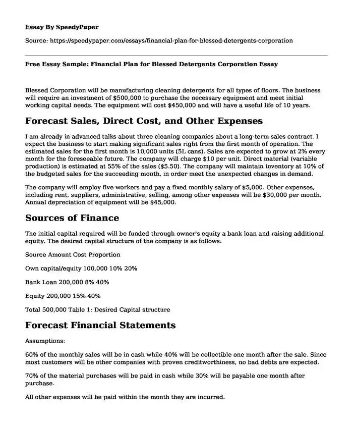 Free Essay Sample: Financial Plan for Blessed Detergents Corporation