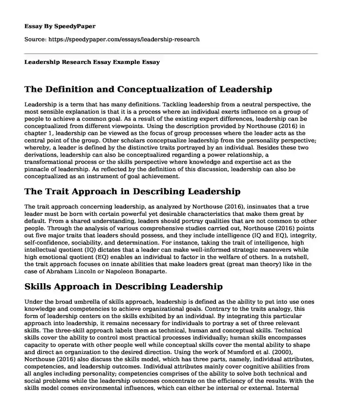 Leadership Research Essay Example