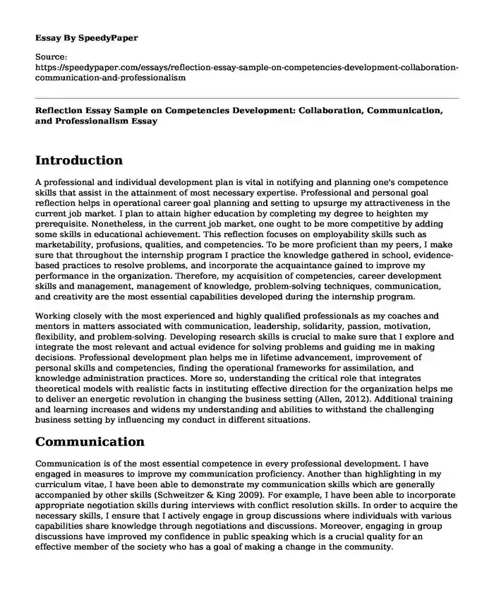 Reflection Essay Sample on Competencies Development: Collaboration, Communication, and Professionalism
