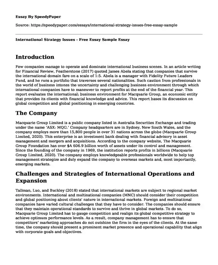 International Strategy Issues - Free Essay Sample