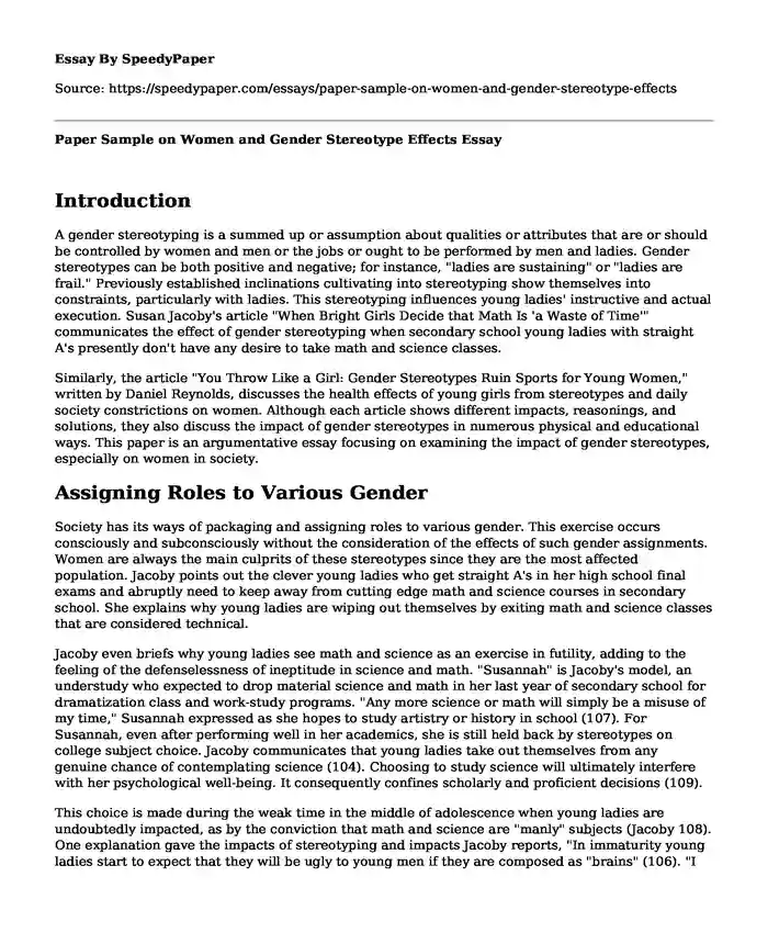 Paper Sample on Women and Gender Stereotype Effects