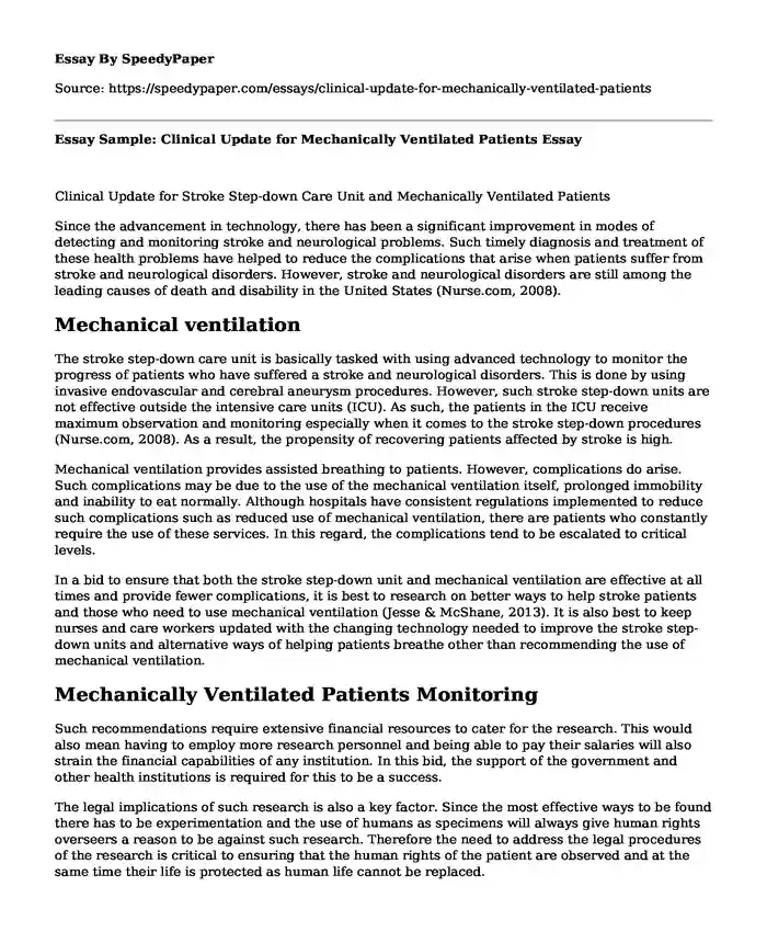 Essay Sample: Clinical Update for Mechanically Ventilated Patients