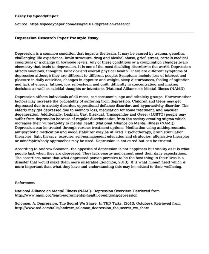 Depression Research Paper Example