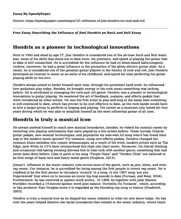 📚 Free Essay Describing the Influence of Jimi Hendrix on Rock and Roll
