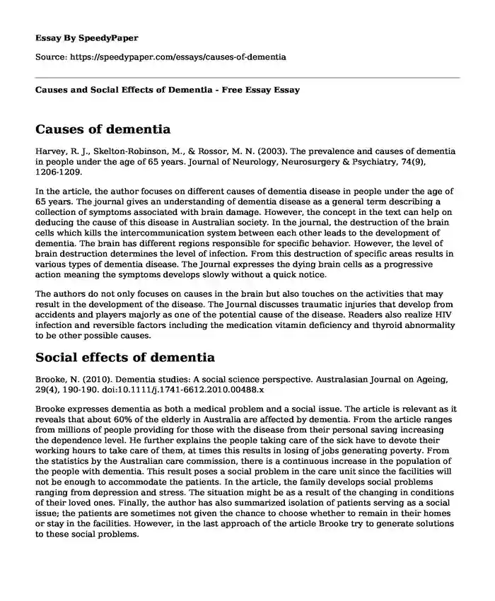 Causes and Social Effects of Dementia - Free Essay